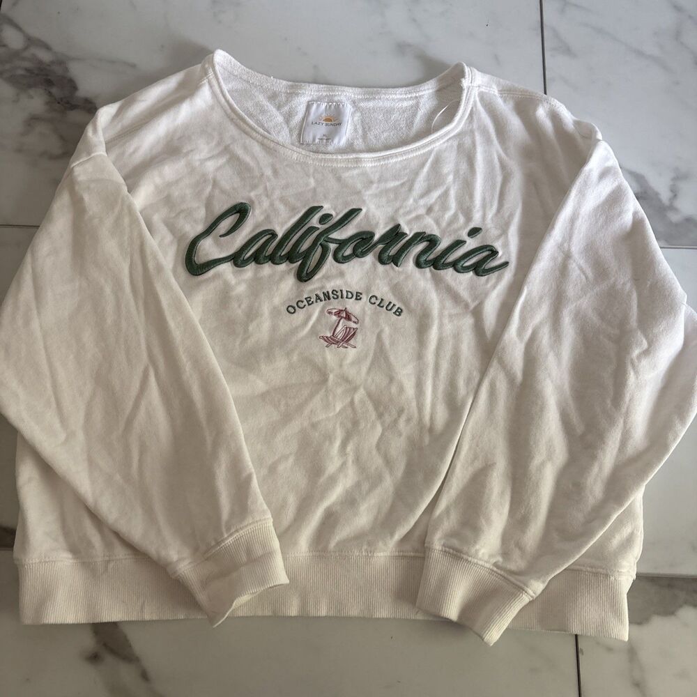 Lazy Sunday Cream California Graphic Crewneck Sweatshirt XL Coastal Beach Casual